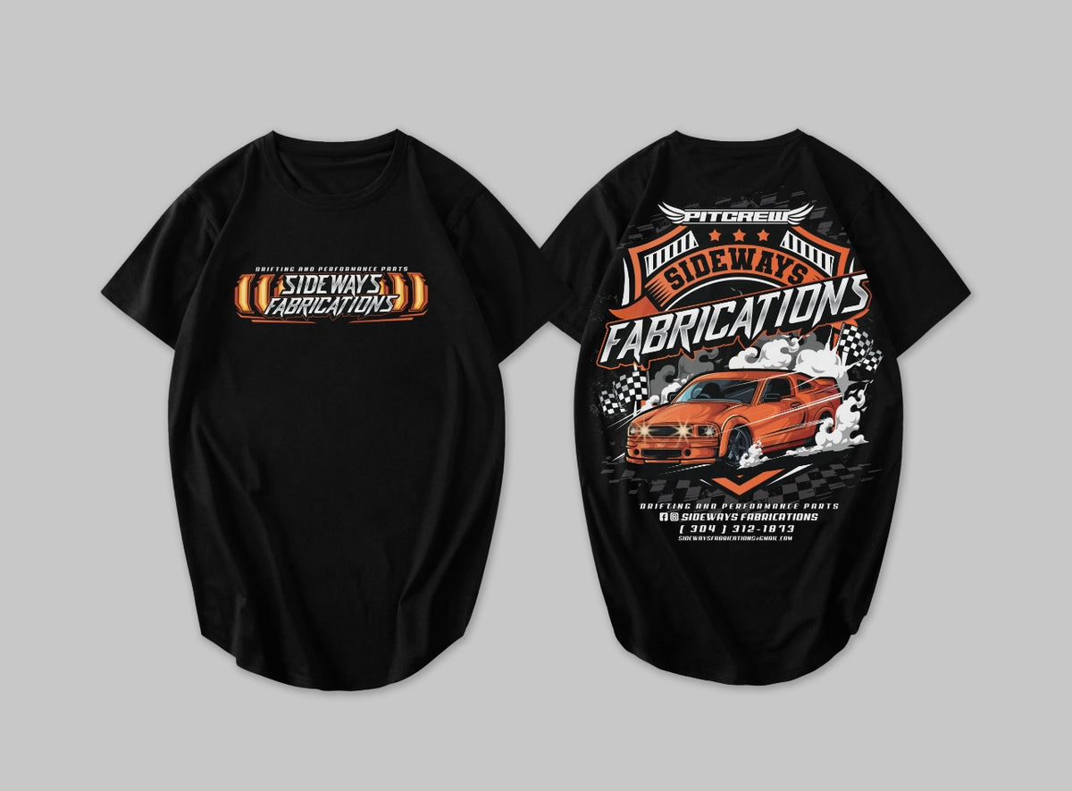Sideways Fabrications t-shirt, front and back